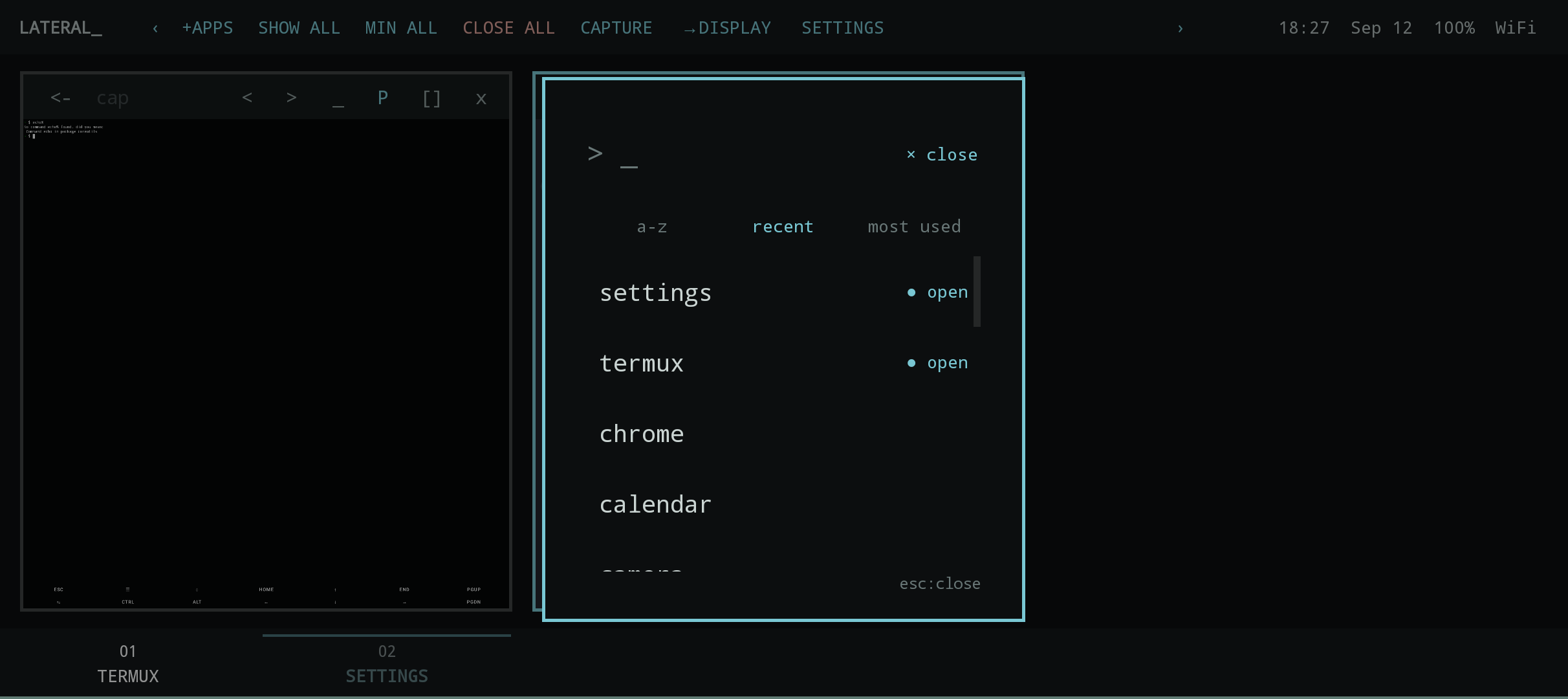 LATERAL_ BeastUI app launcher overlaying a Termux workspace.