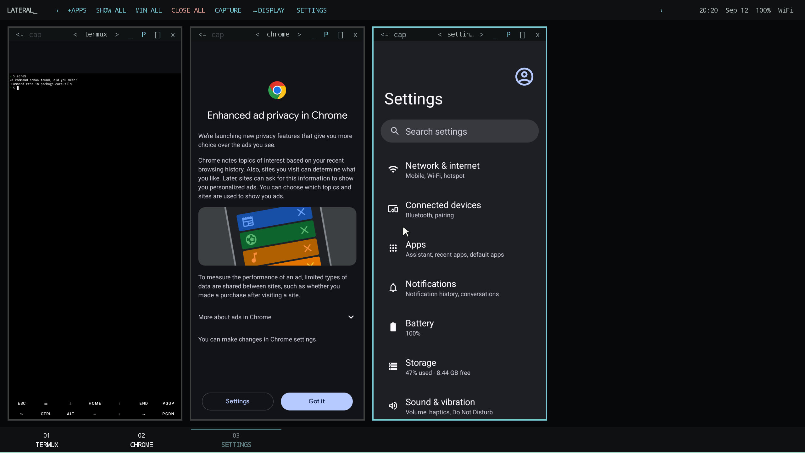 LATERAL_ BeastUI with Termux, Chrome, and Android Settings in separate task cards.