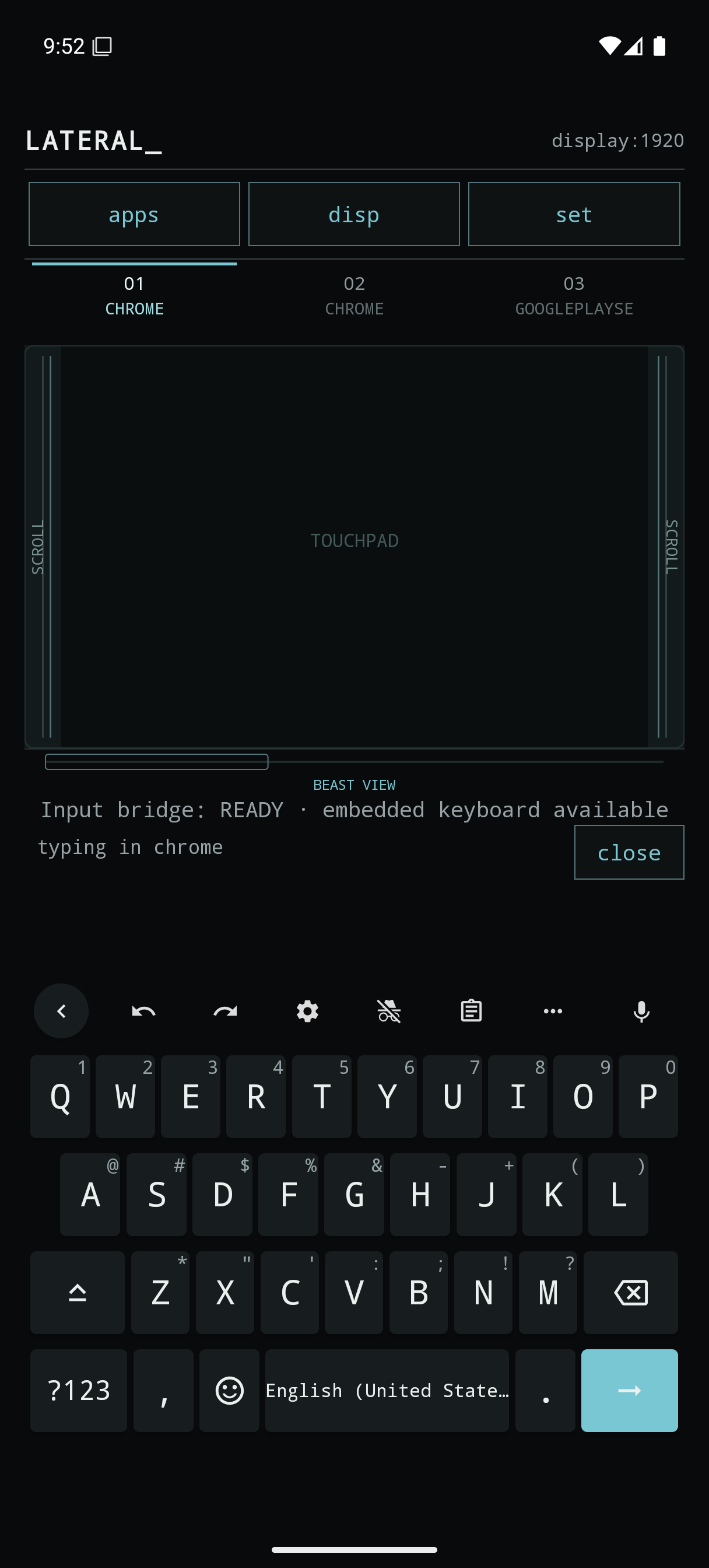 LATERAL_ PhoneUI with a task strip, touchpad, and embedded keyboard during a Chrome text session.